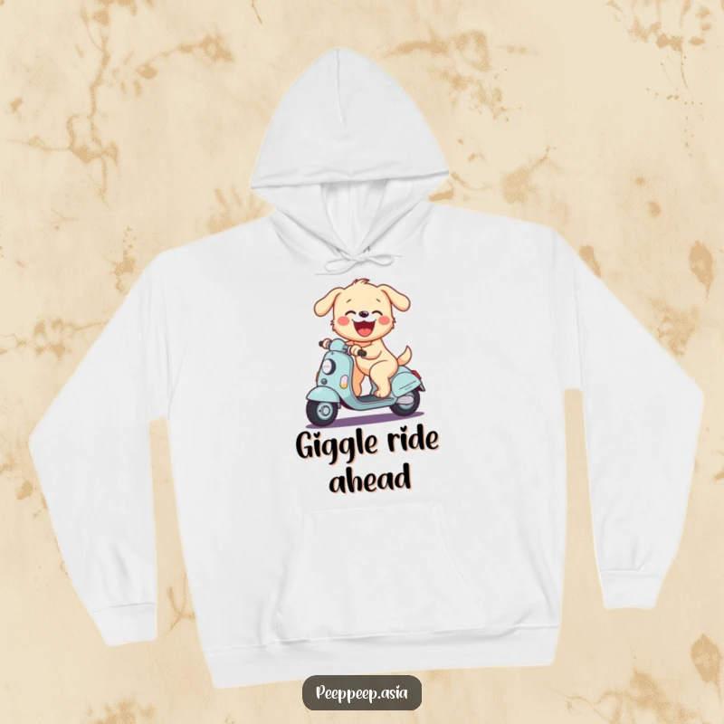 Funny hoodie depicting a joyful puppy riding a scooter and barking exuberantly, capturing infectious glee.