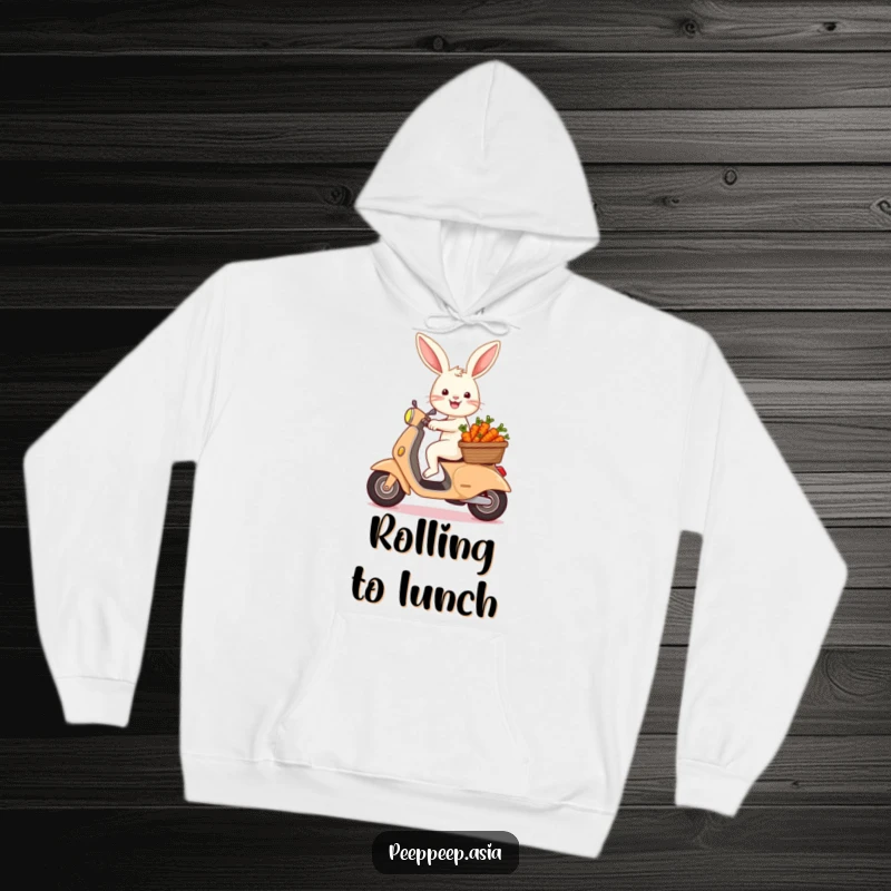 Funny bunny with a basket of carrots riding a scooter, printed on a cozy hoodie for humorous and warm wear.