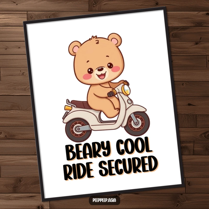 Funny Free Printable Wall Art: A cheerful brown bear cub balancing on a tiny moped, bringing smiles and humor.