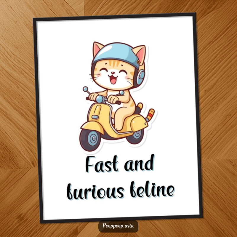 Funny Free Printable Wall Art: A cat in a tiny helmet zooms on a mini scooter, humorous downloadable art.