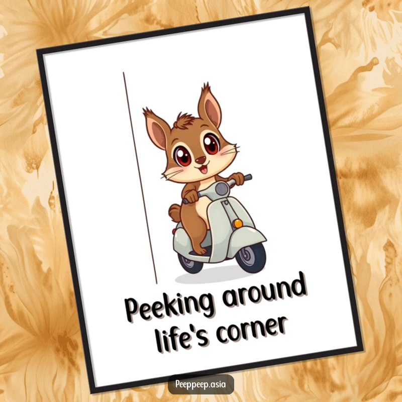 Funny Free Printable Wall Art: A curious squirrel peeks from behind a corner on a scooter, humorous downloadable art.