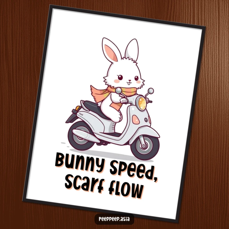 Funny Free Printable Wall Art: A fluffy white bunny in a scarf zips by on a moped, adding speedy humor.