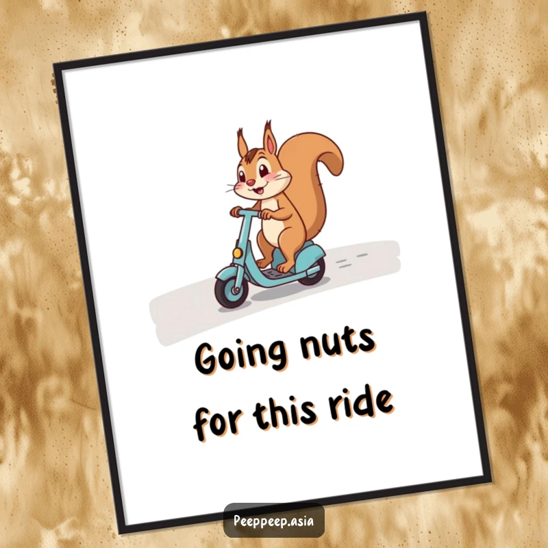 Funny Free Printable Wall Art: A cheerful squirrel expertly rides a scooter down a winding path, bringing dynamic energy to any room.