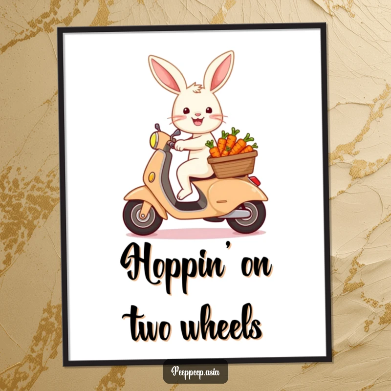 Funny Free Printable Wall Art: A happy bunny on a scooter with tiny carrots, whimsical downloadable art.