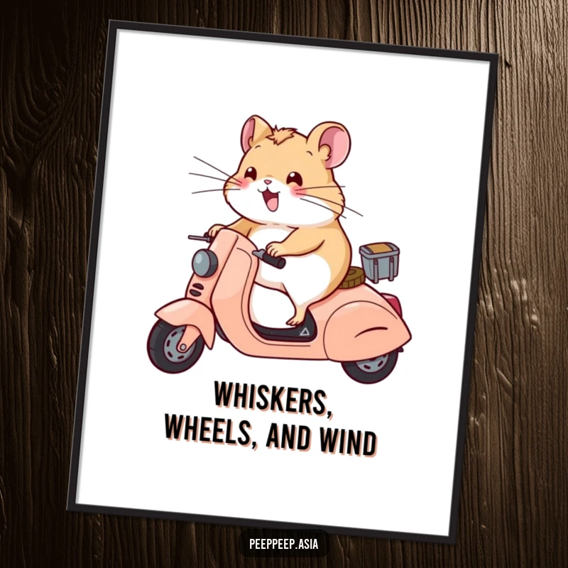 Funny Free Printable Wall Art: A happy hamster on a scooter with wind-swept whiskers, whimsical downloadable art.