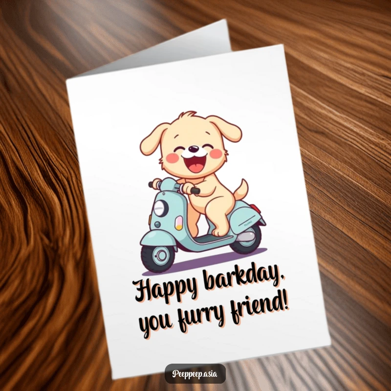 Funny Free Printable Birthday Card: A joyful puppy enthusiastically rides a scooter, barking with pure, unadulterated birthday glee.