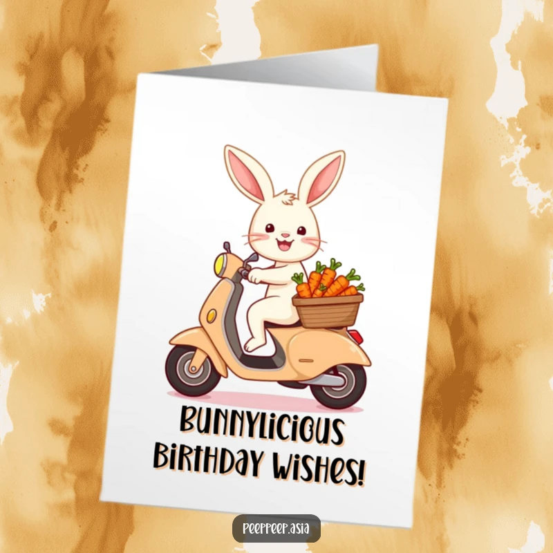 Funny Free Printable Birthday Card: A happy bunny rides a scooter with a basket of tiny carrots, downloadable art.