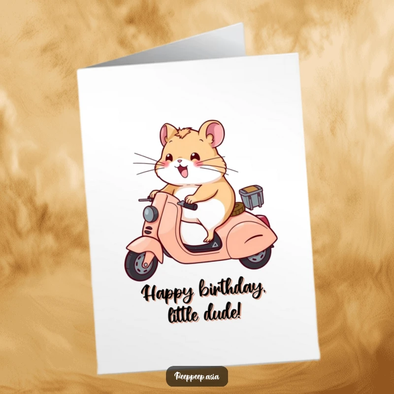 Funny Free Printable Birthday Card: A cheerful hamster on a scooter with wind blowing its whiskers, downloadable art.