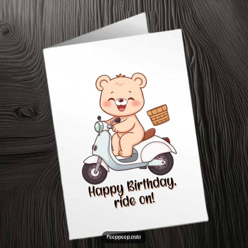 Free Printable Birthday Card: A little bear gleefully rides a scooter with a basket full of joy.