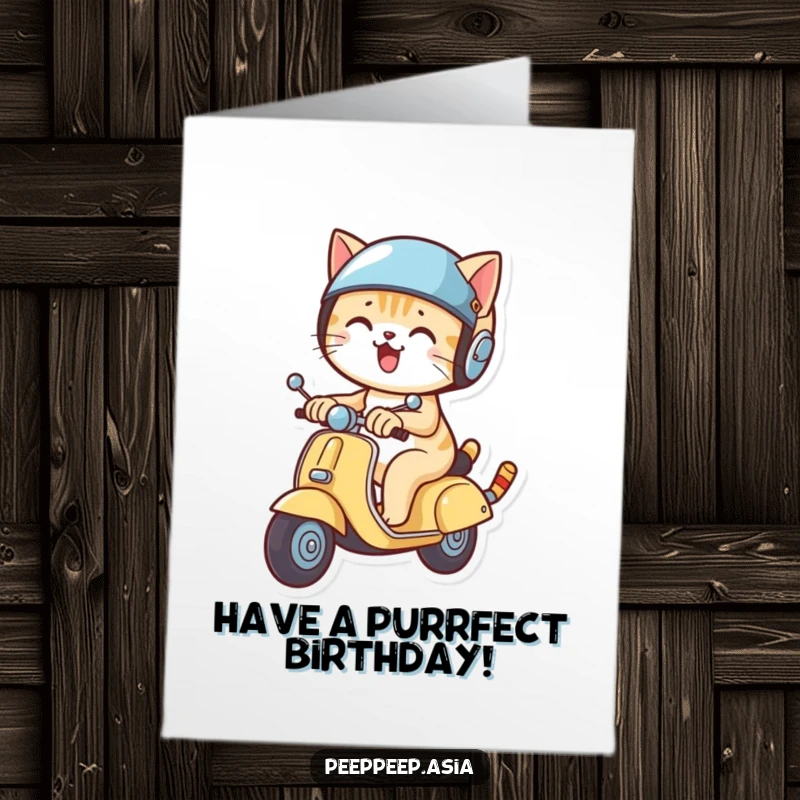 Funny Free Printable Birthday Card: A smiling cat in a tiny helmet zooms on a scooter, a downloadable art.
