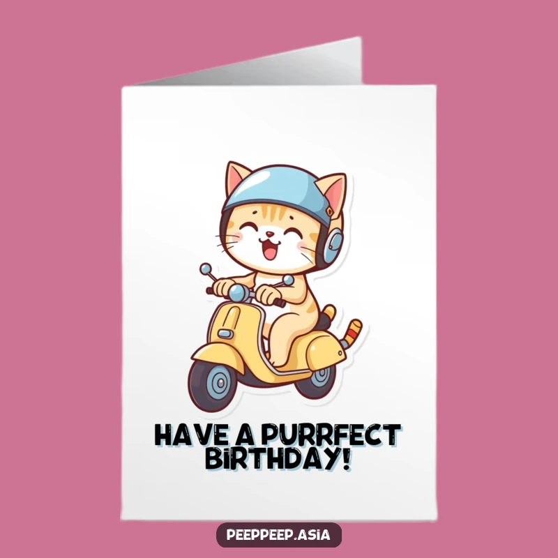 Funny Free Printable Cat Scooter Birthday Card - Cool Helmet Zoom Downloadable Gift