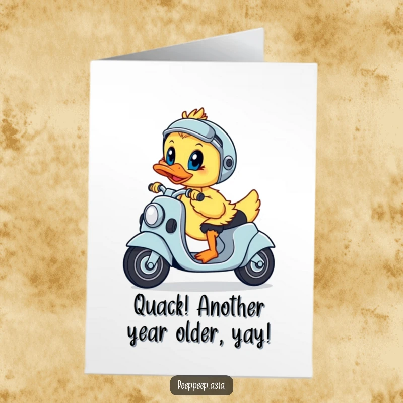 Funny Free Printable Birthday Card: A playful duckling steers a scooter with intense focus, ready to deliver birthday wishes with determination.