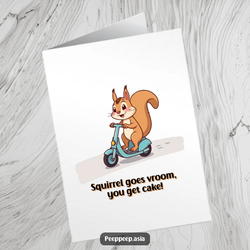 Funny Free Printable Birthday Card: Squirrel expertly cruising on a scooter, ready to deliver birthday wishes with speed and style.