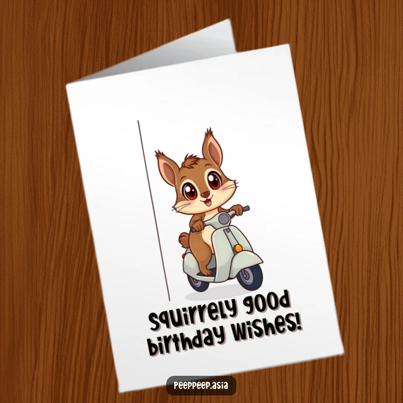Funny Free Printable Birthday Card: A curious squirrel peeks around a corner on a scooter, wide-eyed, downloadable art.