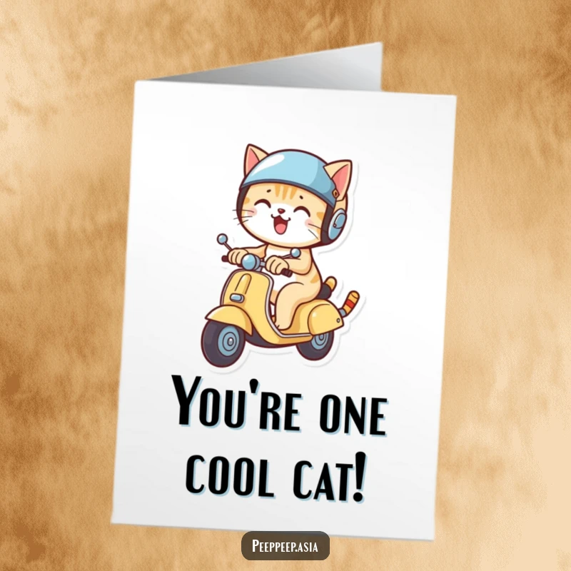 Funny Free Printable Congrats Card: A cool cat wearing a helmet zooms on a mini scooter, downloadable art.