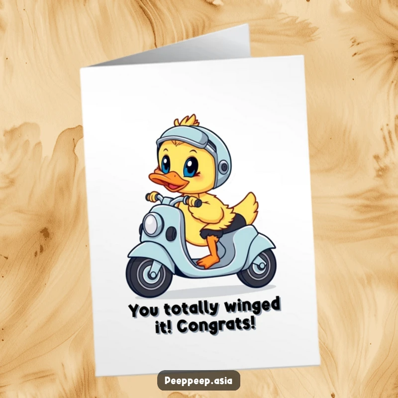 Free Printable Congratulations Card: A determined duckling confidently rides a scooter, celebrating a hard-earned victory with focused pride.