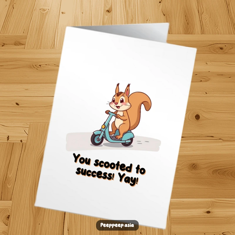 Free Printable Congratulations Card: A triumphant squirrel speeds on a scooter, celebrating a big win with pure joy.