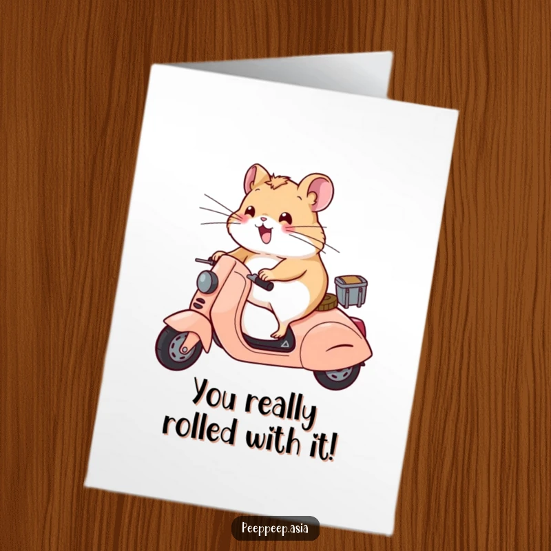 Funny Free Printable Congrats Card: A happy hamster on a scooter with windblown whiskers, celebrating success, downloadable art.