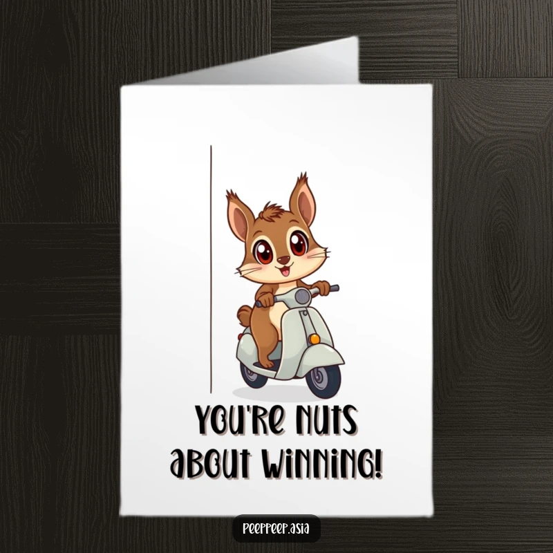 Funny Free Printable Congrats Card: A curious squirrel on a scooter peeks out, celebrating success, downloadable art.