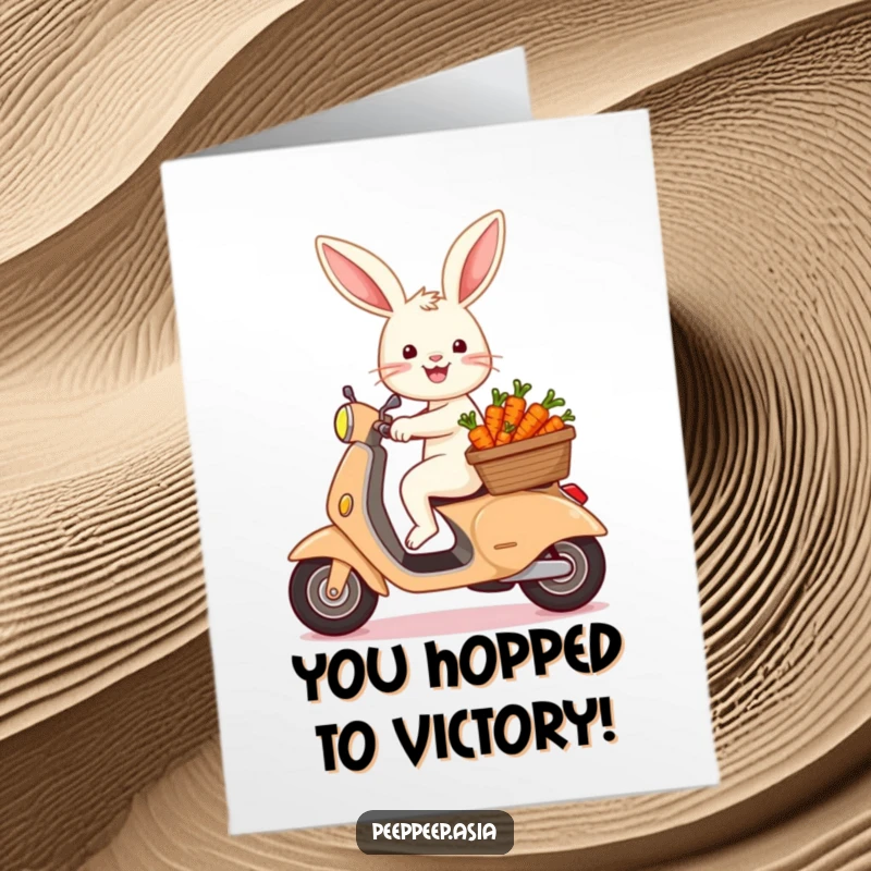 Funny Free Printable Congrats Card: A happy bunny on a scooter carries a basket of carrots, celebrating achievements, downloadable art.