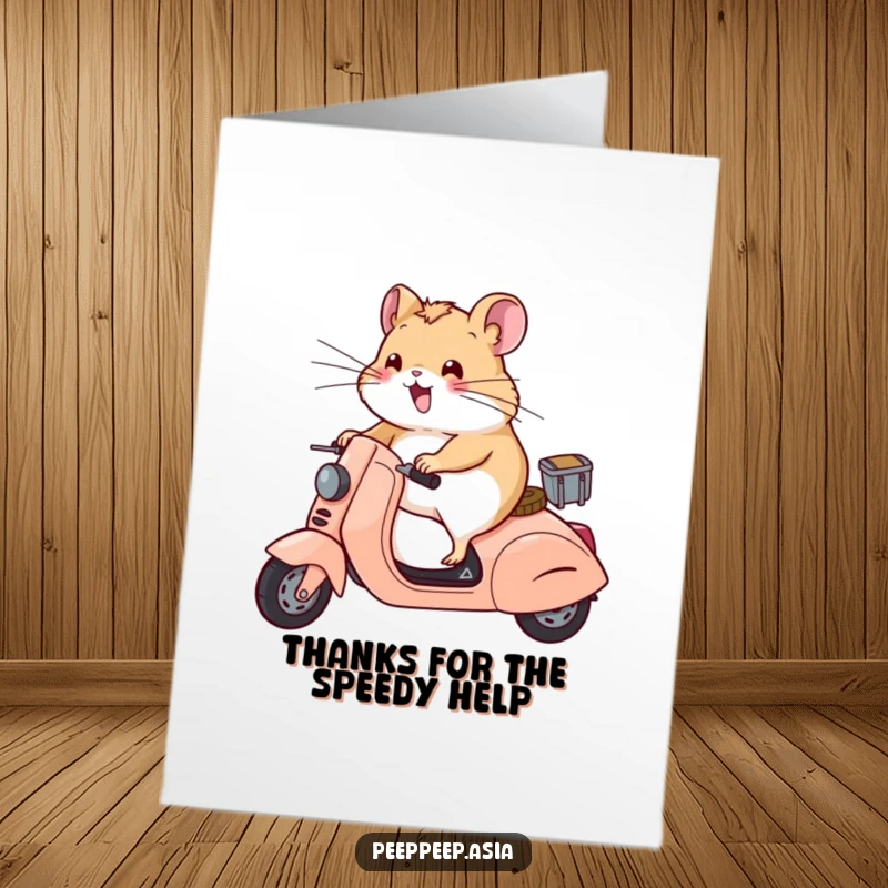 Funny Free Printable Thank You Card: A happy hamster on a scooter enjoys the wind, great downloadable art.