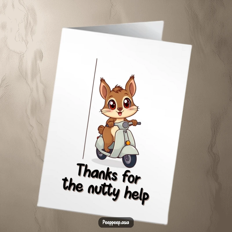 Funny Free Printable Thank You Card: A curious squirrel on a scooter peeking, with thanks, downloadable art.