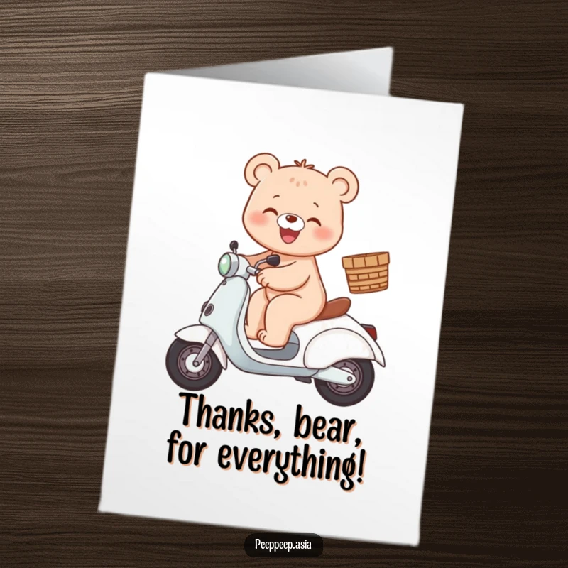 Free Printable Thank You Card: A happy bear on a scooter holds a sign of thanks.