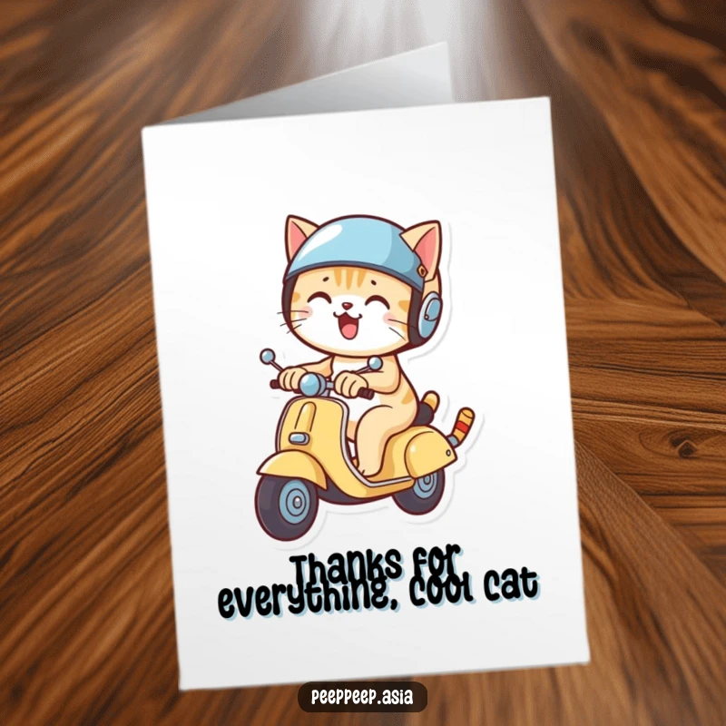Funny Free Printable Thank You Card: A cat in a helmet speeds on a scooter, expressing thanks, downloadable art.