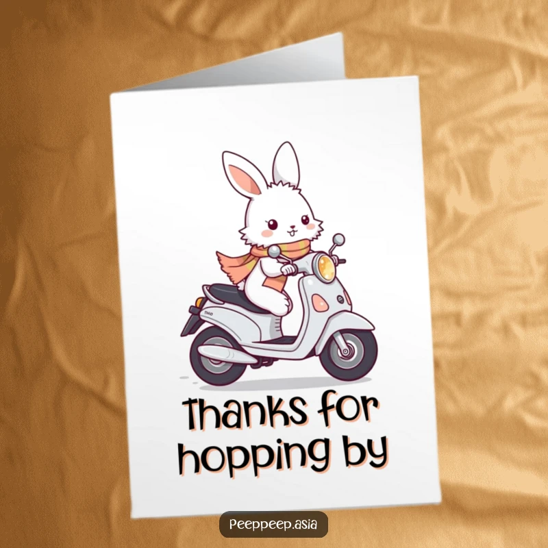 Funny Free Printable Thank You Card: A fluffy white bunny with a scarf zips by on a moped, a cute downloadable gift.