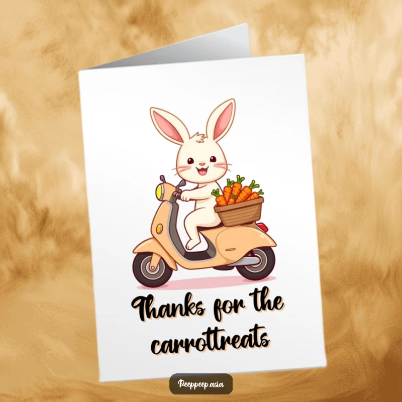 Funny Free Printable Thank You Card: A happy bunny on a scooter with carrots, expressing thanks, downloadable art.