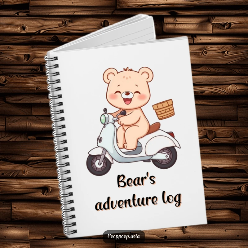 Funny bear scooter notebook featuring a gleeful bear character riding a scooter with a basket.
