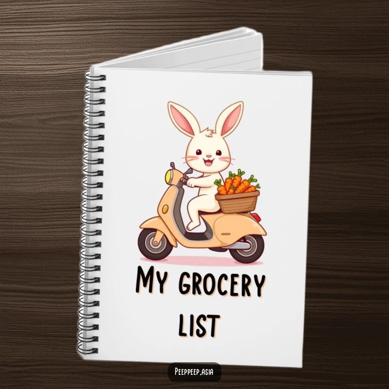 Funny bunny with a basket of carrots riding a scooter on the cover of a notebook, inspiring humorous writing.