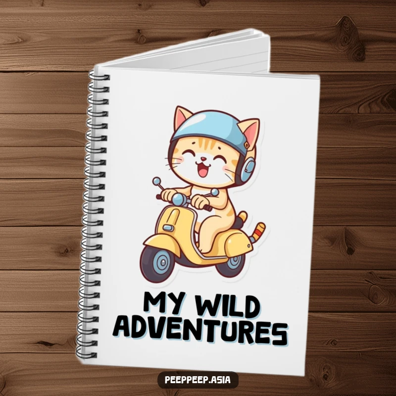 Funny cat wearing a helmet and riding a scooter on the cover of a notebook, inspiring humorous writing.