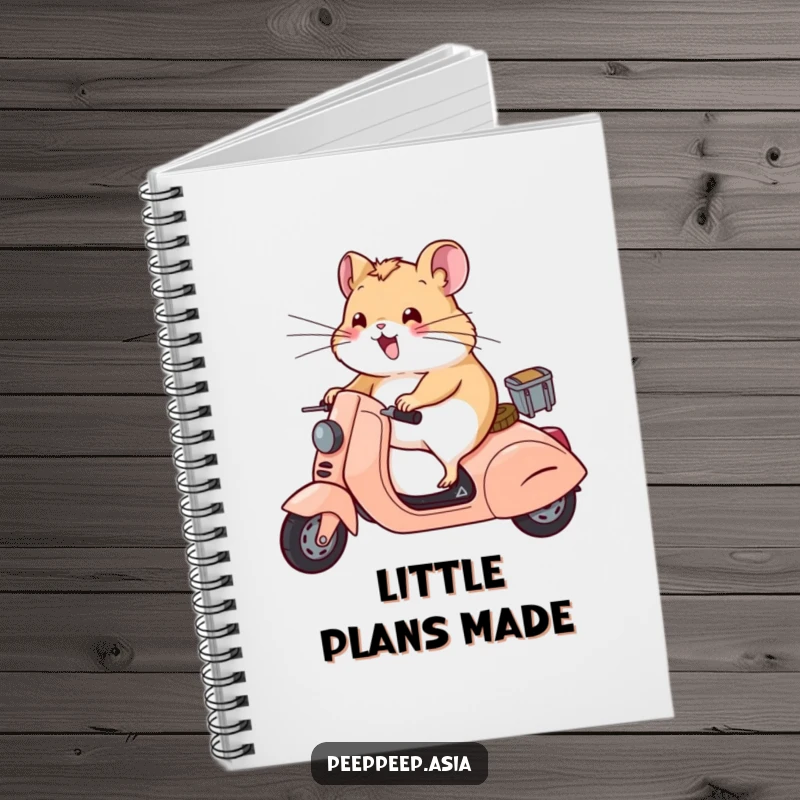Funny hamster with wind-blown whiskers riding a scooter on the cover of a notebook, inspiring humorous writing.