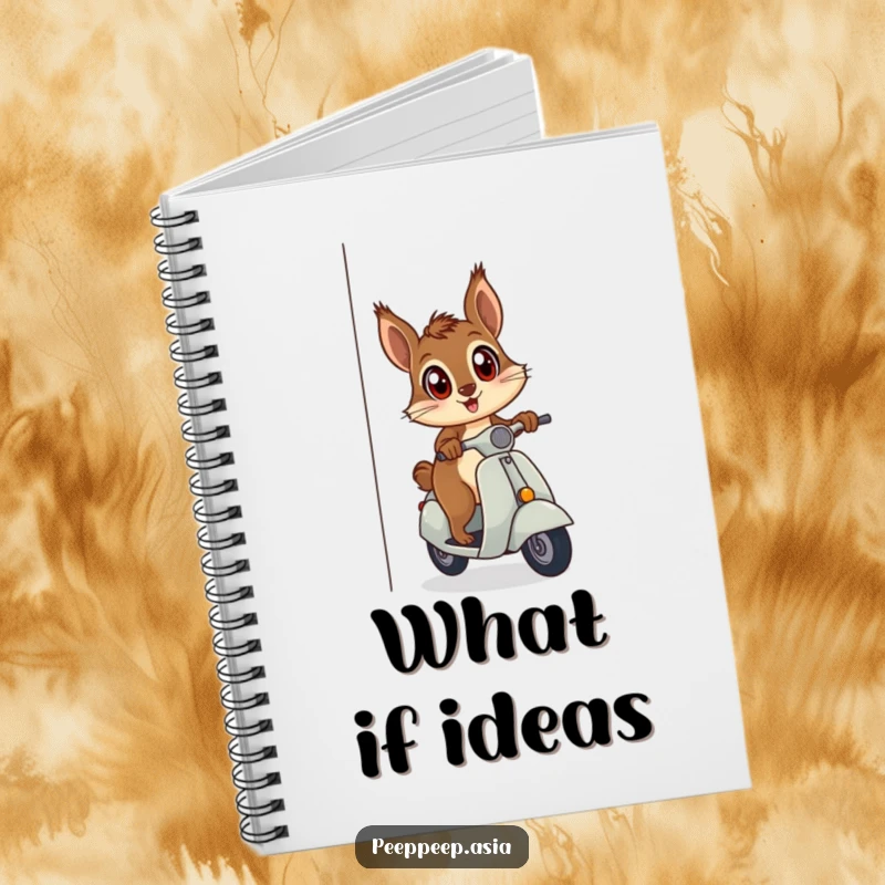 Funny curious squirrel on a scooter peeking around a corner on the cover of a notebook, inspiring humorous writing.