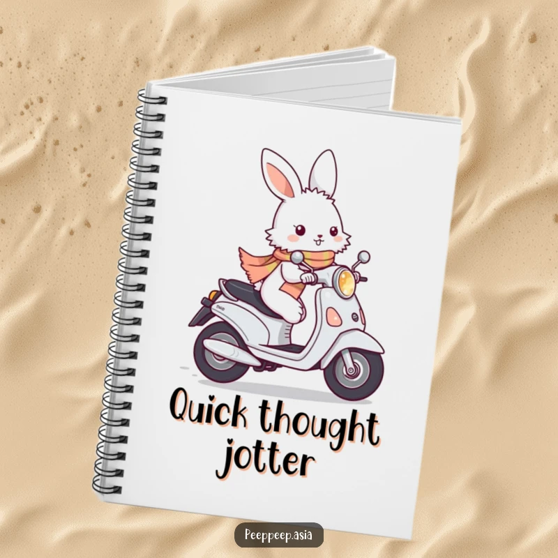 Funny fluffy white bunny wearing a scarf, zipping by on a moped, inside a humorous notebook for writing and quick notes.