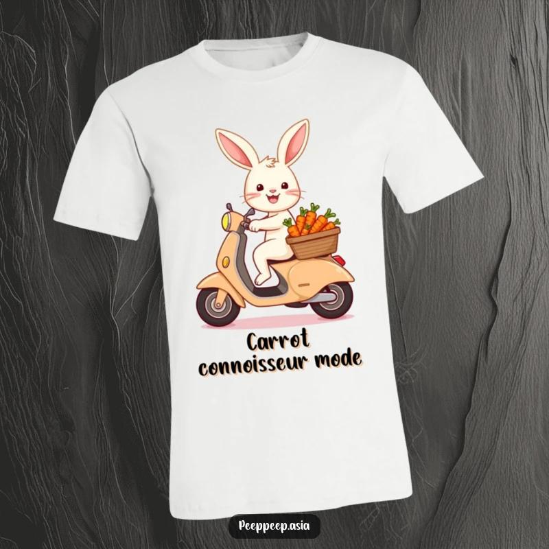 Funny bunny riding a scooter with a basket of carrots, making this t-shirt a humorous and charming statement piece.
