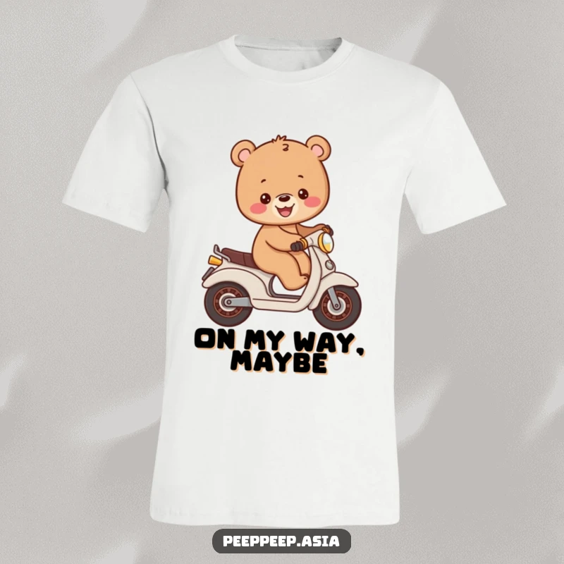 Funny cheerful brown bear cub balancing on a small moped, printed on a fun t-shirt for active humor.