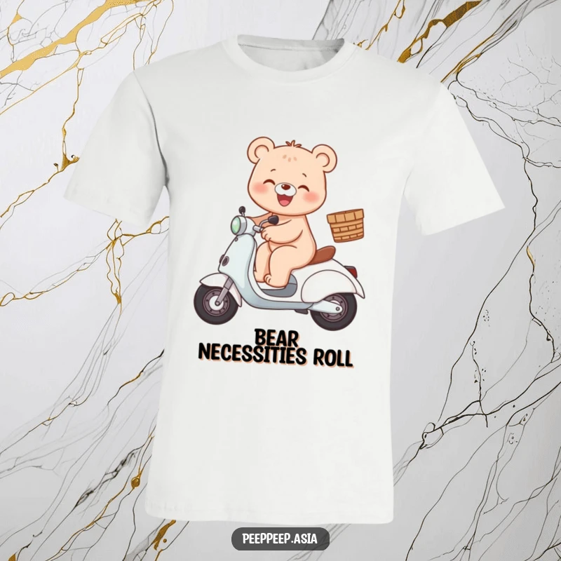 Funny bear t-shirt featuring a gleeful bear character joyfully riding a scooter with a front basket attached.