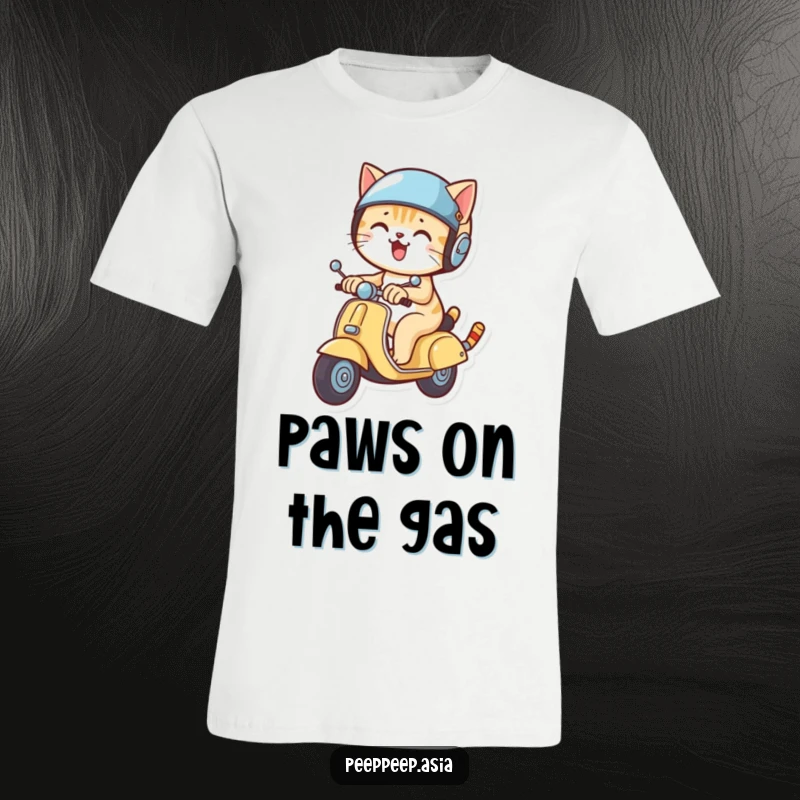 Funny cat in a tiny helmet speeding on a miniature scooter, making this t-shirt a humorous statement piece.