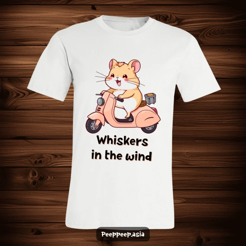 Funny hamster in wind-blown whiskers, riding a tiny scooter, making this t-shirt a humorous statement piece.