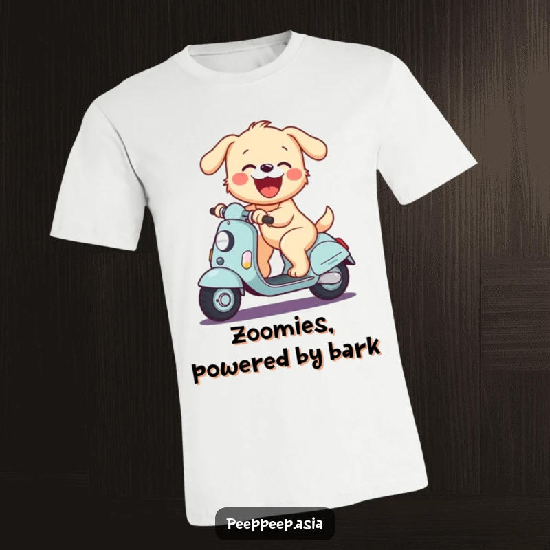 Funny t-shirt of a joyful puppy blissfully riding a scooter and barking with sheer delight.