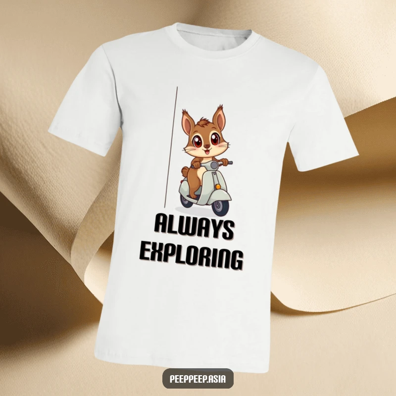 Funny curious squirrel on a scooter peeking with wide eyes, making this t-shirt a humorous and engaging statement piece.