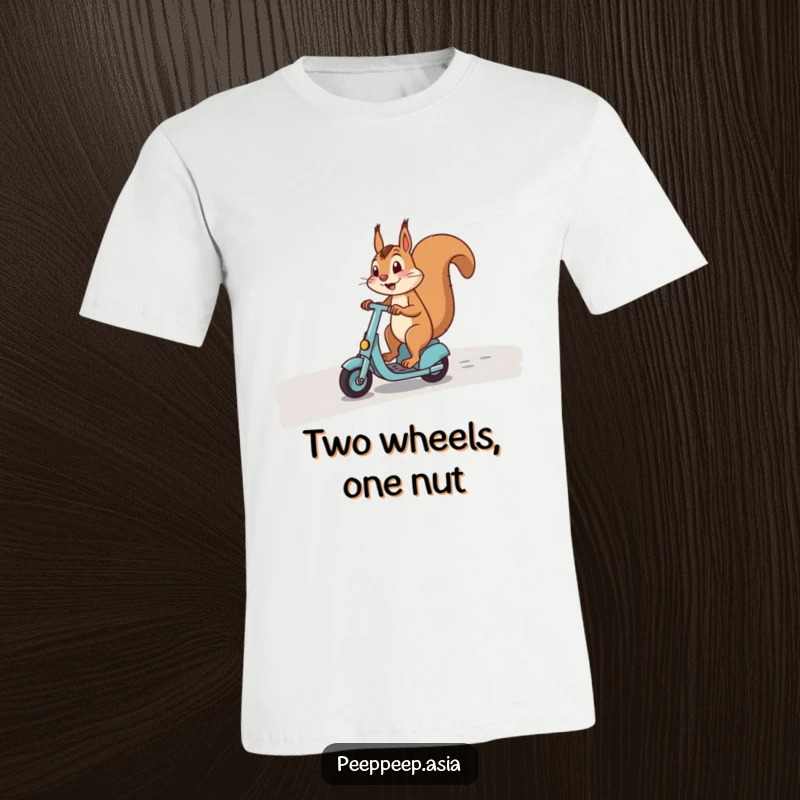 Funny t-shirt with a happy squirrel skillfully riding a scooter on a curved path, radiating pure joy.