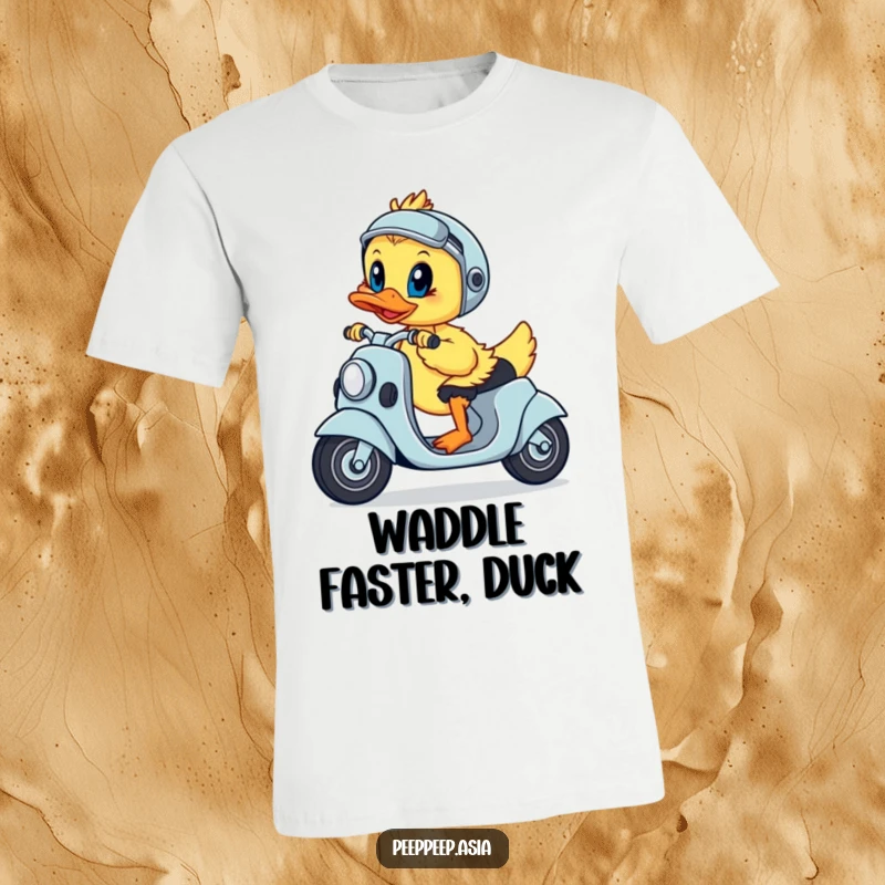 Funny t-shirt of a playful duckling steering a scooter with unwavering determination, exuding focus.