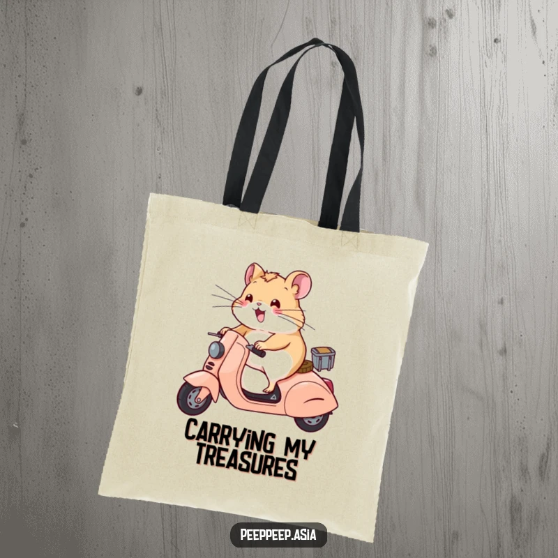 Funny hamster with wind-blown whiskers zooming on a scooter, featured on a durable tote bag for a humorous shopping experience.