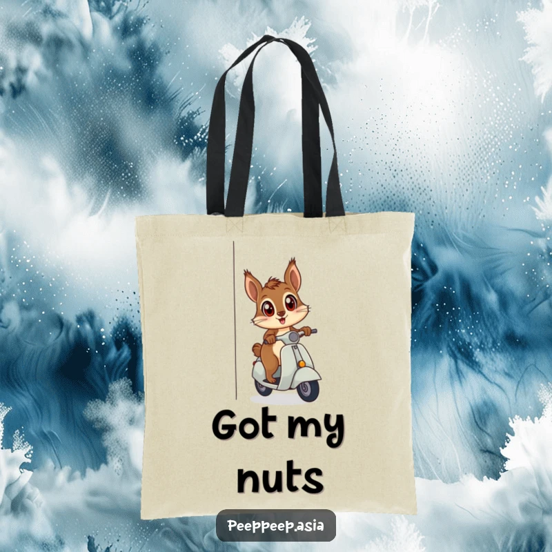 Funny curious squirrel on a scooter peeking with wide eyes, featured on a durable tote bag for a humorous shopping experience.
