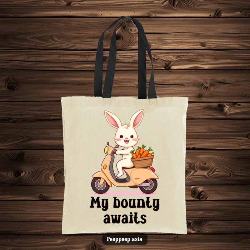 Funny bunny with a basket of carrots zooming on a scooter, featured on a durable tote bag for a humorous shopping experience.