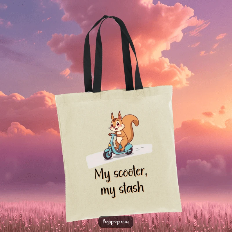 Funny tote bag depicting a happy squirrel expertly riding a scooter on a curved path, ready for errands.